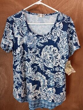 ONE WORLD Navy and White Floral Scoop Neck Short Sleeve Top